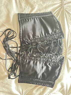 Jean Paul Gaultier Black Satin Lace-Panel Corset Belt with Grommet Lacing